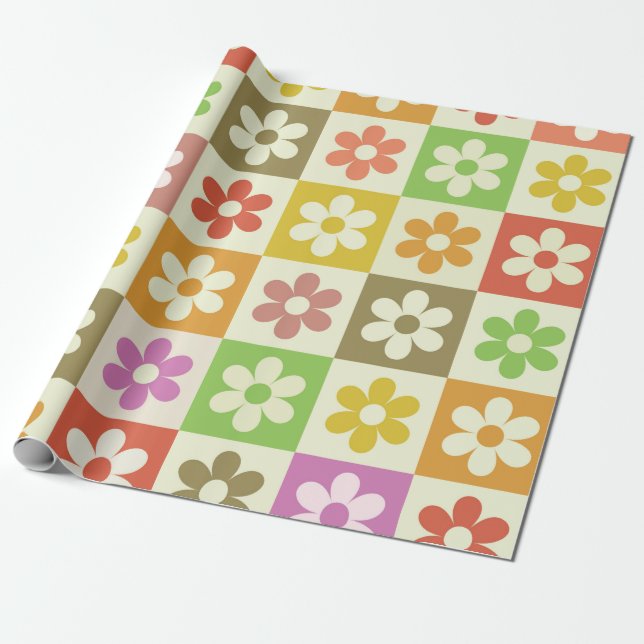 Chequered Retro Colourful Flowers Pattern  Wrapping Paper (Unrolled)