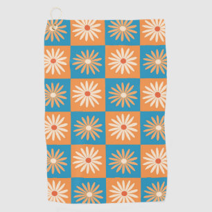 Chequered Retro Flowers on Blue and Orange Golf Towel