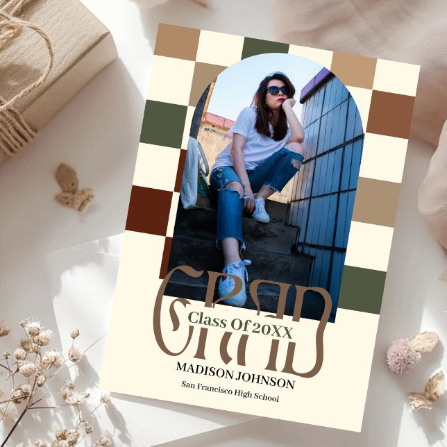 Chequered Retro Grad '25 Arch Photo Graduation  Invitation (Creator Uploaded)