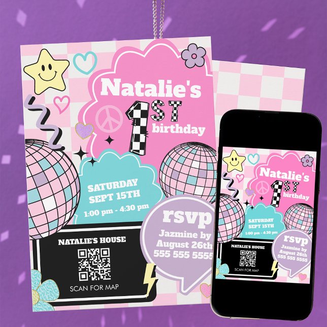 Chequered Retro Groovy Disco 1st Birthday Party Invitation (Creator Uploaded)