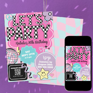 Chequered Retro Groovy Disco Let's Party Birthday Invitation