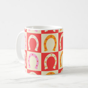 Chequered Retro Horseshoe in Orange red and Pink Coffee Mug