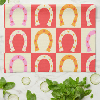 Chequered Retro Horseshoe in Orange red and Pink  Tea Towel