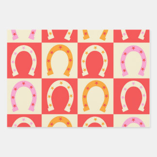Chequered Retro Horseshoe in Orange red and Pink  Wrapping Paper Sheet