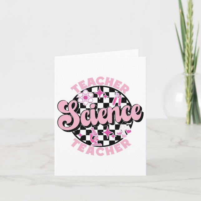 Chequered Retro Pink Back To School Science Teache Card (Front)