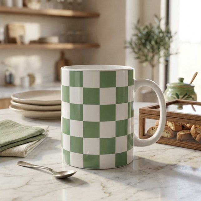Chequered Sage Green and White Coffee Mug (Creator Uploaded)