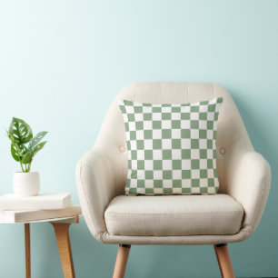 Chequered Sage Green and White Cushion