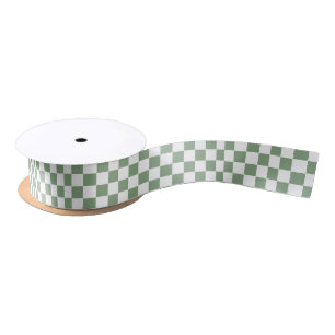 Chequered Sage Green and White Satin Ribbon