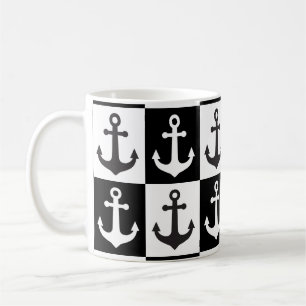 Chequered Ship Anchor Pattern - Black and White  Coffee Mug