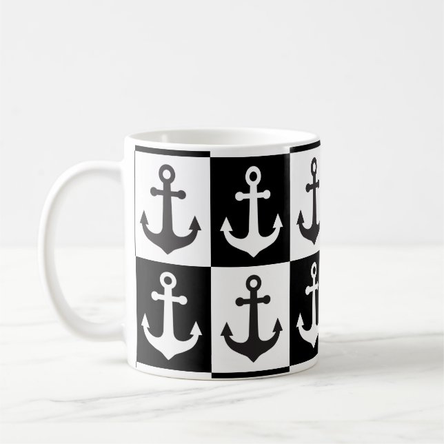 Chequered Ship Anchor Pattern - Black and White  Coffee Mug (Left)