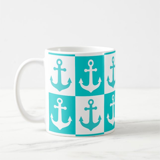 Chequered Ship Anchor Pattern - Ocean Blue  Coffee Mug (Left)