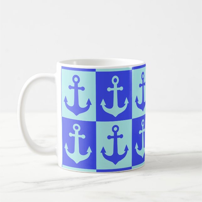 Chequered Ship Anchor Pattern - Ocean Blue Tones  Coffee Mug (Left)