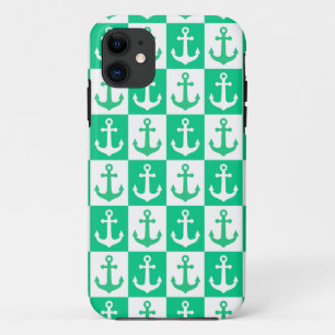 Chequered Ship Anchor Pattern - Ocean Green    iPhone 11 Case