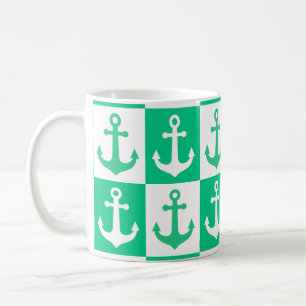 Chequered Ship Anchor Pattern - Ocean Green Coffee Mug