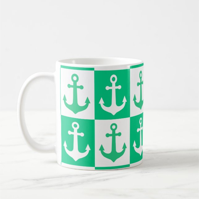 Chequered Ship Anchor Pattern - Ocean Green   Coffee Mug (Left)