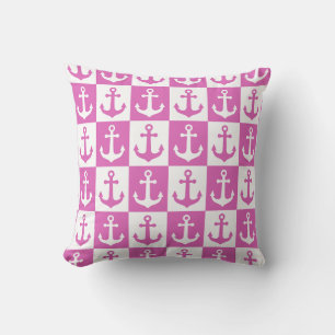 Chequered Ship Anchor Pattern - Pink and White Cushion