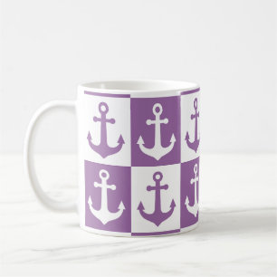 Chequered Ship Anchor Pattern - Purple and White Coffee Mug