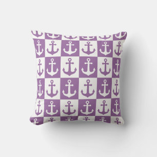 Chequered Ship Anchor Pattern - Purple and White Cushion