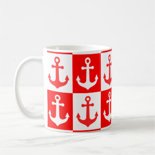Chequered Ship Anchor Pattern - Red and White Coffee Mug
