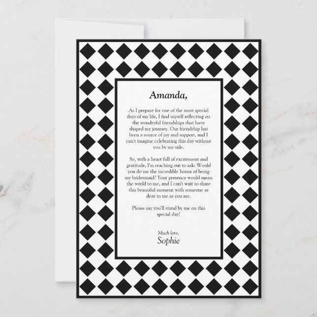 Chequered Simple Black White Be My Bridesmaid Card (Front)