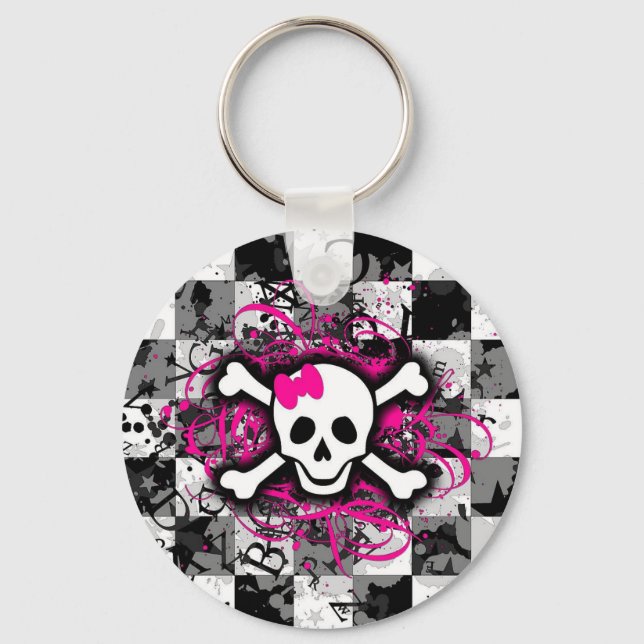 Chequered Skull With Hot Pink Splatter Key Ring (Front)