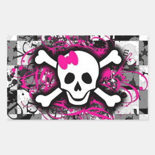 Chequered Skull With Hot Pink Splatter Rectangular Sticker