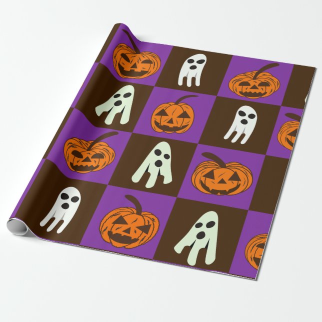 Chequered Spooky Halloween Pumpkins and Ghosts  Wrapping Paper (Unrolled)