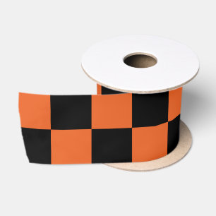 Chequered squares Black and Orange geometric retro Satin Ribbon