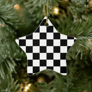 Chequered squares black and white geometric retro ceramic ornament
