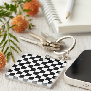 Chequered squares black and white geometric retro key ring