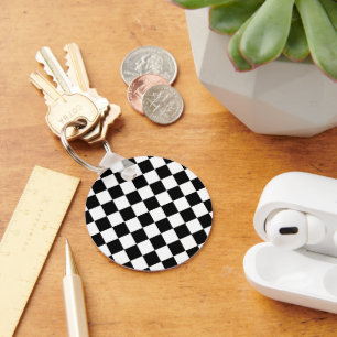 Chequered squares black and white geometric retro key ring