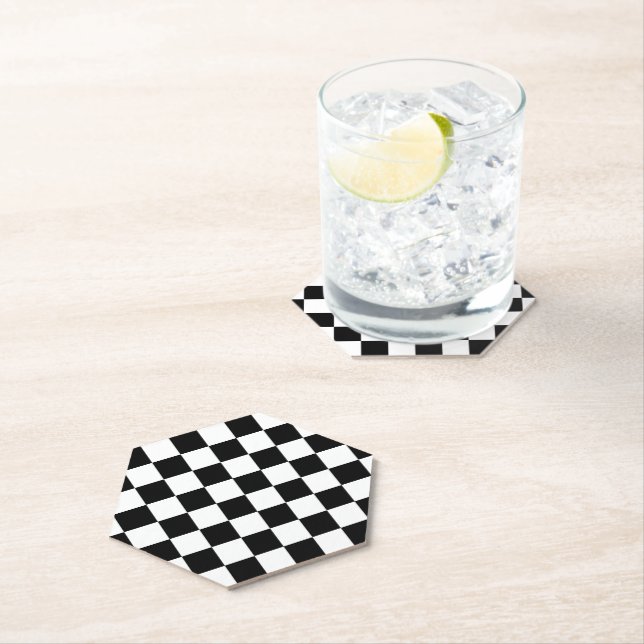 Chequered squares black and white geometric retro paper coaster (Insitu)