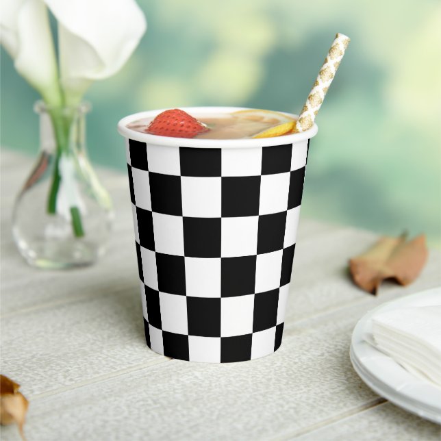 Chequered squares black and white geometric retro paper cups (Insitu)