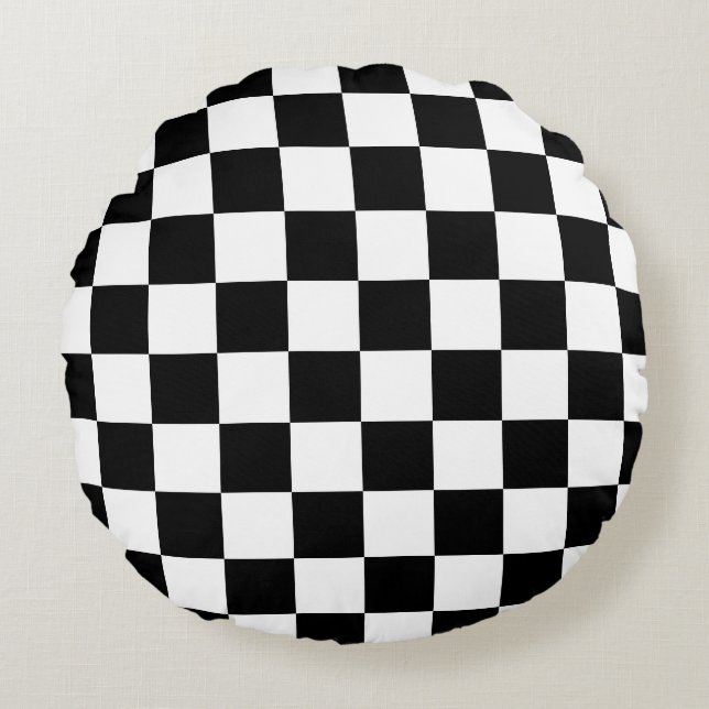 Chequered squares black and white geometric retro round cushion (Front)