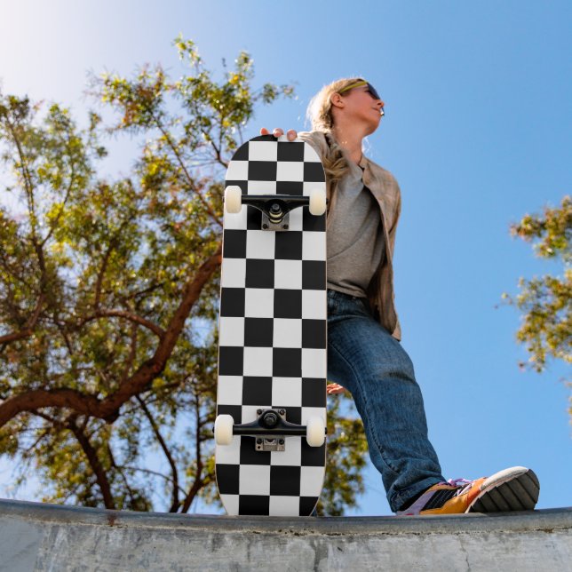 Chequered squares black and white geometric retro skateboard (Outdoor 1)
