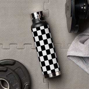 Chequered squares black and white geometric retro water bottle