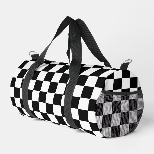 Chequered squares Black and White geometry pattern Duffle Bag (Right Corner)