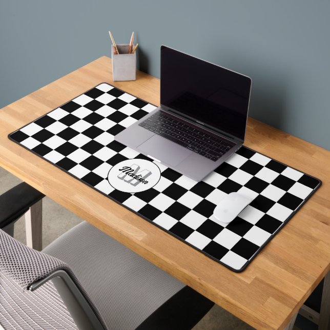 Chequered squares Black and White retro Monogram  Desk Mat (Office 2)