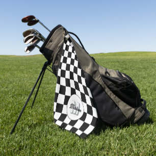 Chequered squares black and white retro Monogram Golf Towel