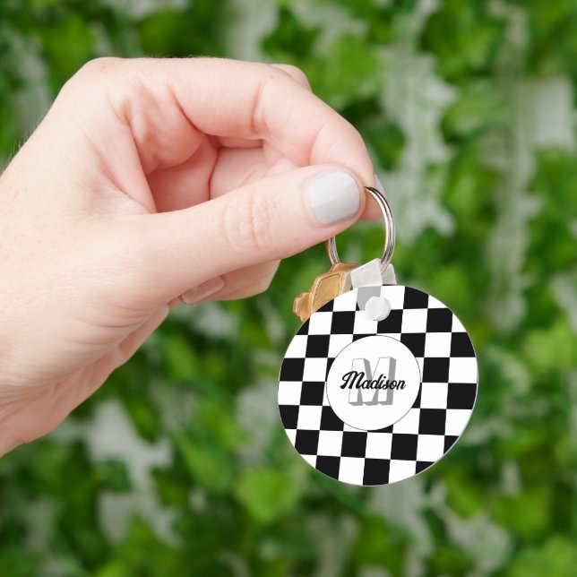 Chequered squares black and white retro Monogram Key Ring (Hand)