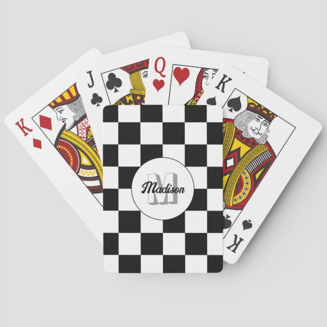 Chequered squares black and white retro Monogram Playing Cards (Back)