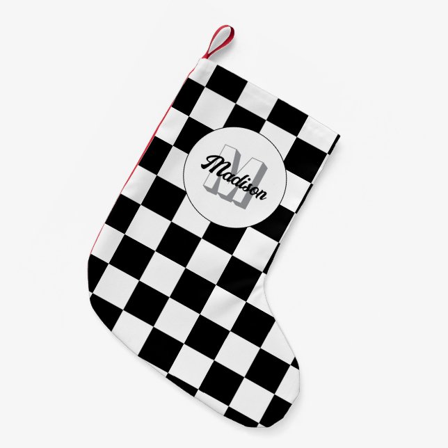 Chequered squares black and white retro Monogram Small Christmas Stocking (Front (Hanging))