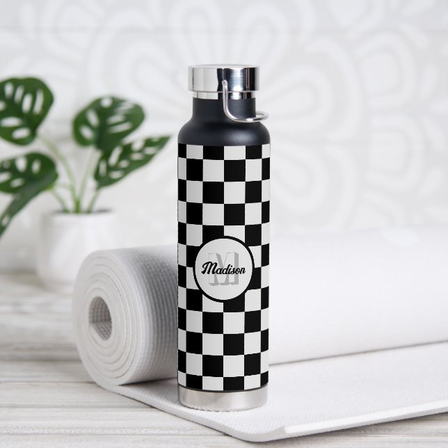 Chequered squares black and white retro Monogram Water Bottle (Yoga)