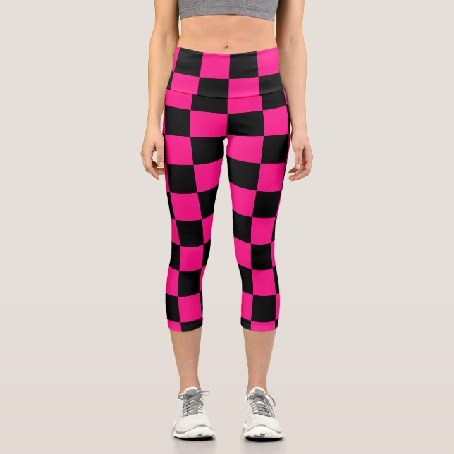 Chequered squares hot pink black geometric retro capri leggings (Front)