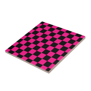 Chequered squares hot pink black geometric retro ceramic tile