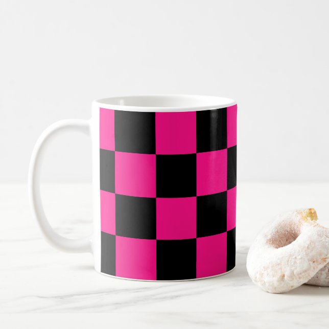 Chequered squares hot pink black geometric retro coffee mug (With Donut)