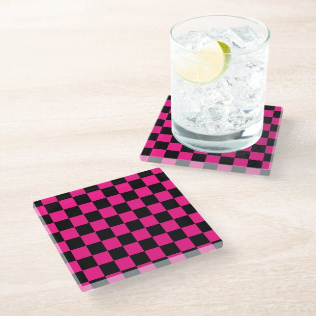 Chequered squares hot pink black geometric retro glass coaster (Angled)