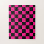 Chequered squares hot pink black geometric retro jigsaw puzzle<br><div class="desc">Chequered squares hot pink black geometric retro pattern Puzzle gift for her. Cool retro chequered geometric square pattern. Vintage tile black and hot pink modern chequered.</div>