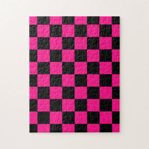 Chequered squares hot pink black geometric retro jigsaw puzzle