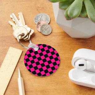 Chequered squares hot pink black geometric retro key ring